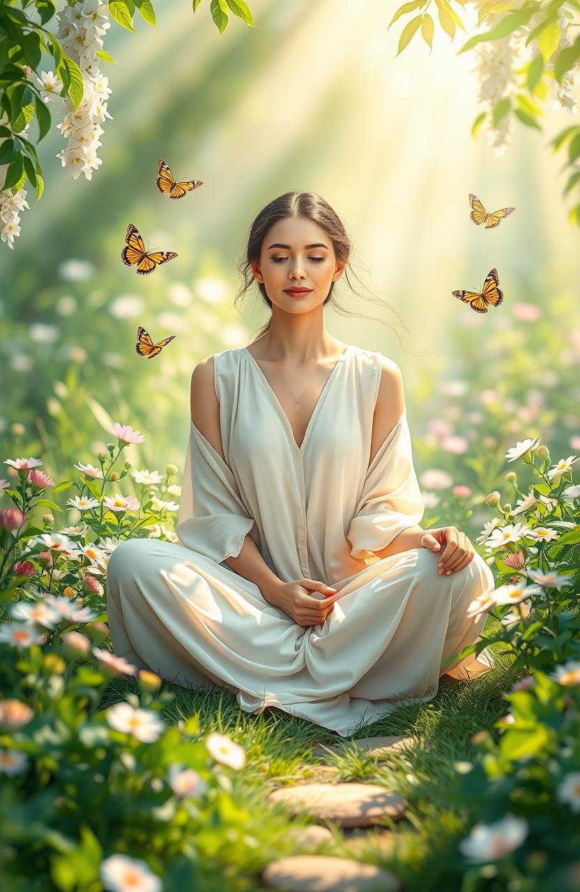 A serene and composed woman with a peaceful expression, sitting cross-legged in a tranquil garden filled with blooming flowers and gentle sunlight streaming down