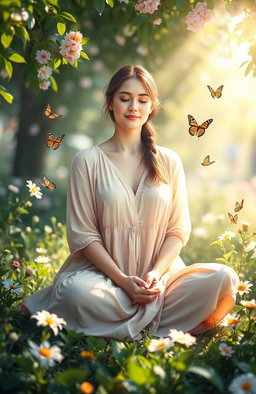 A serene and composed woman with a peaceful expression, sitting cross-legged in a tranquil garden filled with blooming flowers and gentle sunlight streaming down