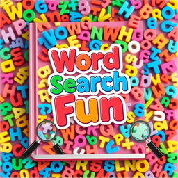 A captivating cover design for a word search book featuring a vibrant and colorful background filled with various letters arranged randomly