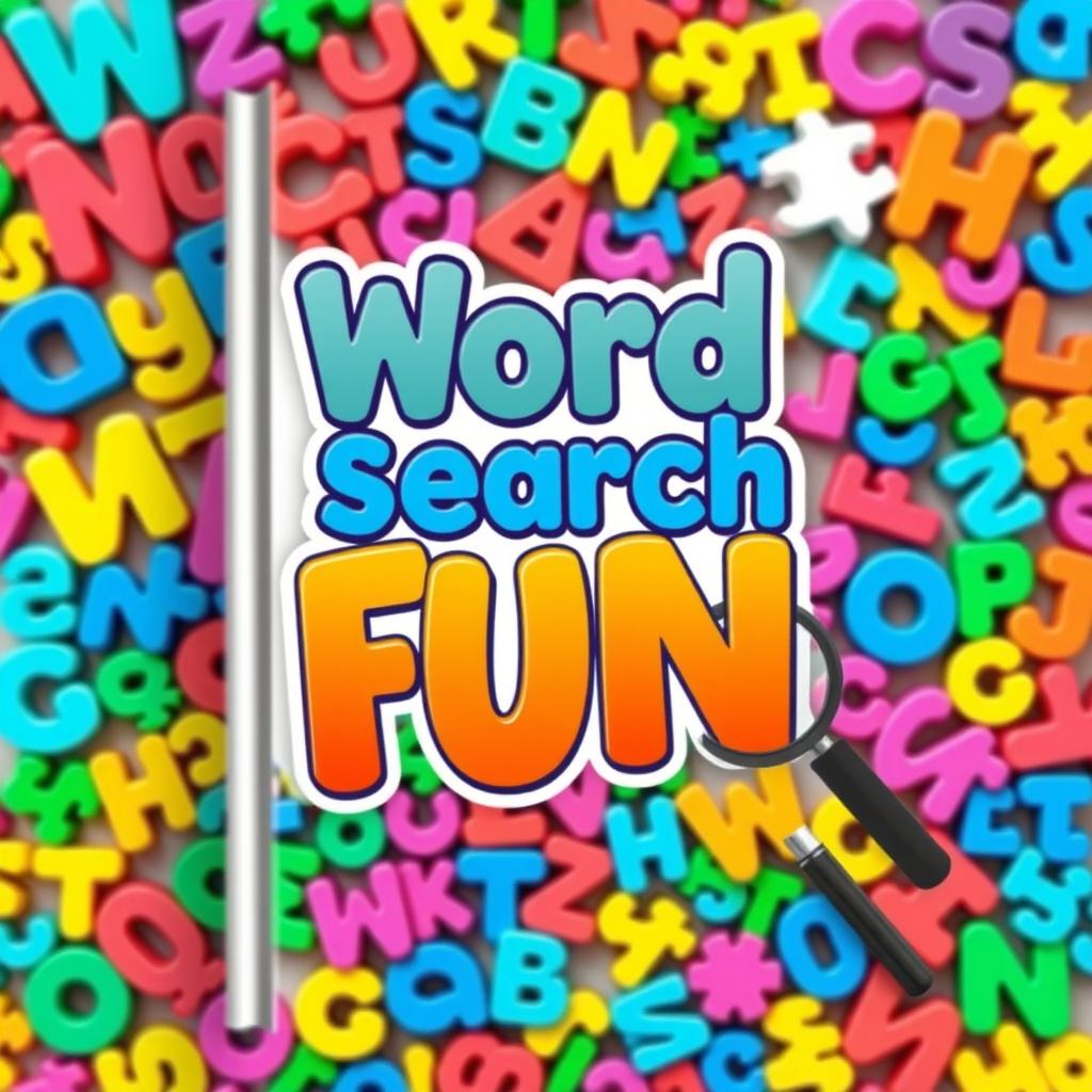 A captivating cover design for a word search book featuring a vibrant and colorful background filled with various letters arranged randomly