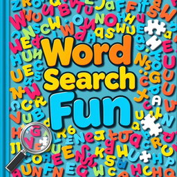 A captivating cover design for a word search book featuring a vibrant and colorful background filled with various letters arranged randomly