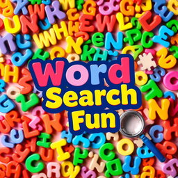 A captivating cover design for a word search book featuring a vibrant and colorful background filled with various letters arranged randomly