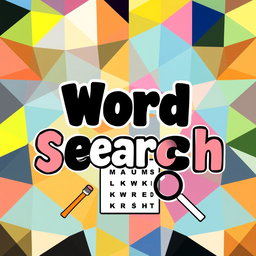 A vibrant and eye-catching cover design for a Word Search book, featuring a visually appealing layout