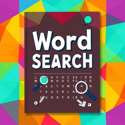 A vibrant and eye-catching cover design for a Word Search book, featuring a visually appealing layout