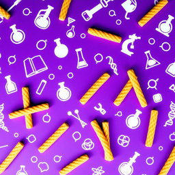 A vibrant and engaging image featuring a purple background decorated with various scientific items such as beakers, microscopes, and DNA helixes in white