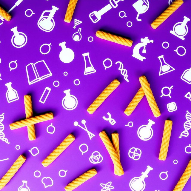 A vibrant and engaging image featuring a purple background decorated with various scientific items such as beakers, microscopes, and DNA helixes in white