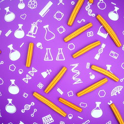 A vibrant and engaging image featuring a purple background decorated with various scientific items such as beakers, microscopes, and DNA helixes in white
