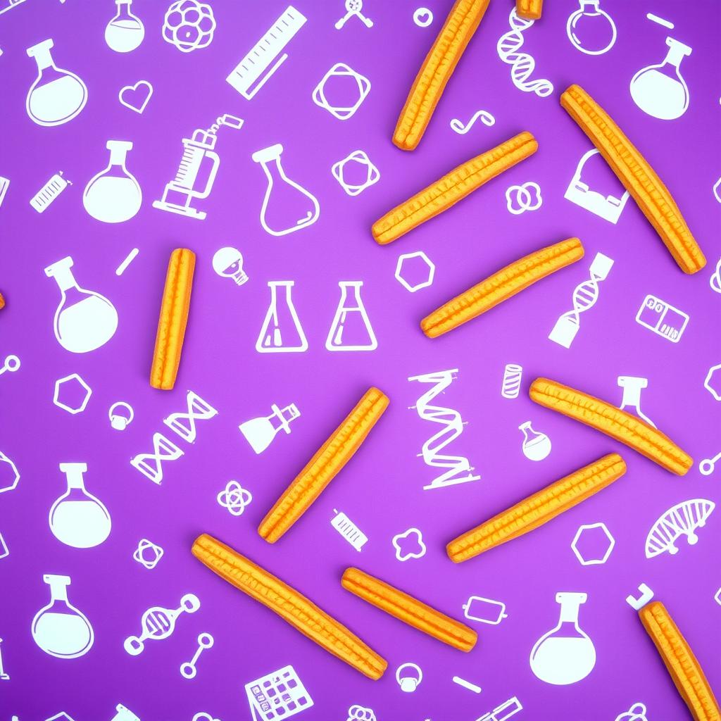 A vibrant and engaging image featuring a purple background decorated with various scientific items such as beakers, microscopes, and DNA helixes in white