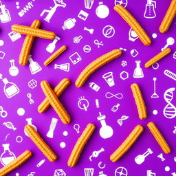 A vibrant and engaging image featuring a purple background decorated with various scientific items such as beakers, microscopes, and DNA helixes in white