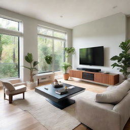 An elegantly arranged modern living room filled with natural light, showcasing comfortable furniture, houseplants, and a sleek flat-screen television on a contemporary stand.