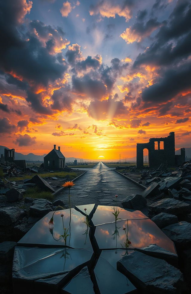A surrealistic depiction of a fragmented world, showcasing a landscape torn apart, with broken roads and shattered buildings