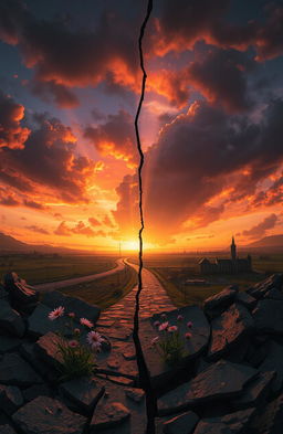 A surrealistic depiction of a fragmented world, showcasing a landscape torn apart, with broken roads and shattered buildings