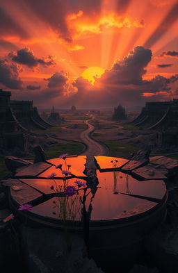 A surrealistic depiction of a fragmented world, showcasing a landscape torn apart, with broken roads and shattered buildings