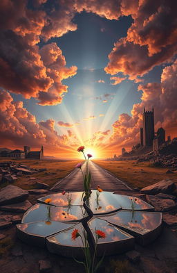 A surrealistic depiction of a fragmented world, showcasing a landscape torn apart, with broken roads and shattered buildings