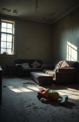 A poignant depiction of a broken home, showcasing a once vibrant living room now filled with signs of neglect