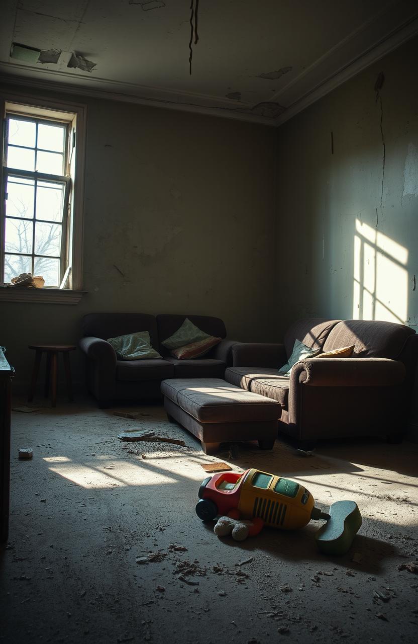 A poignant depiction of a broken home, showcasing a once vibrant living room now filled with signs of neglect