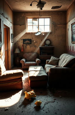 A poignant depiction of a broken home, showcasing a once vibrant living room now filled with signs of neglect