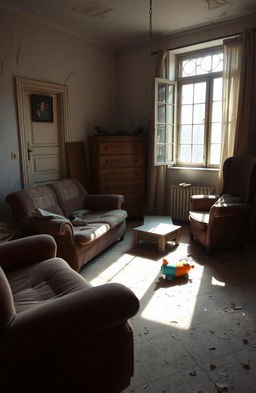 A poignant depiction of a broken home, showcasing a once vibrant living room now filled with signs of neglect