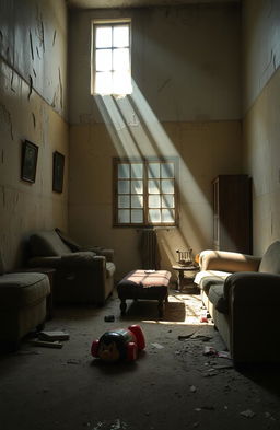 A poignant depiction of a broken home, showcasing a once vibrant living room now filled with signs of neglect
