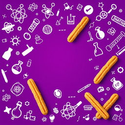 A scientific presentation background featuring a rich purple hue, adorned with intricate white illustrations of scientific elements such as molecular structures, DNA strands, chemical equations, and lab equipment