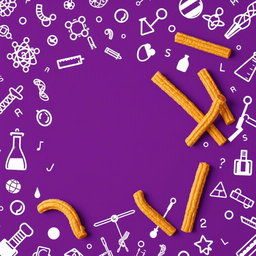 A scientific presentation background featuring a rich purple hue, adorned with intricate white illustrations of scientific elements such as molecular structures, DNA strands, chemical equations, and lab equipment