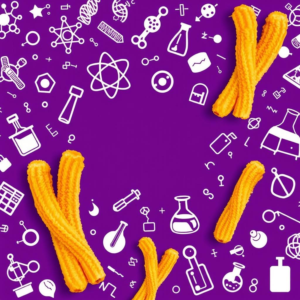 A scientific presentation background featuring a rich purple hue, adorned with intricate white illustrations of scientific elements such as molecular structures, DNA strands, chemical equations, and lab equipment