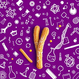 A scientific presentation background featuring a rich purple hue, adorned with intricate white illustrations of scientific elements such as molecular structures, DNA strands, chemical equations, and lab equipment