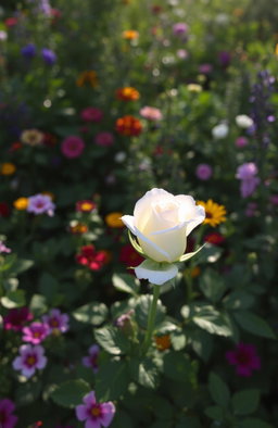 A single white rose blooming delicately in a vibrant garden filled with lush green foliage, colorful flowers, and soft sunlight filtering through the leaves