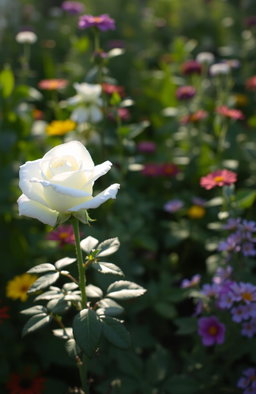 A single white rose blooming delicately in a vibrant garden filled with lush green foliage, colorful flowers, and soft sunlight filtering through the leaves