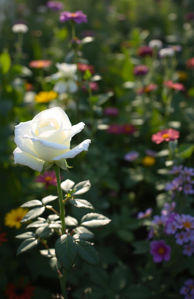 A single white rose blooming delicately in a vibrant garden filled with lush green foliage, colorful flowers, and soft sunlight filtering through the leaves