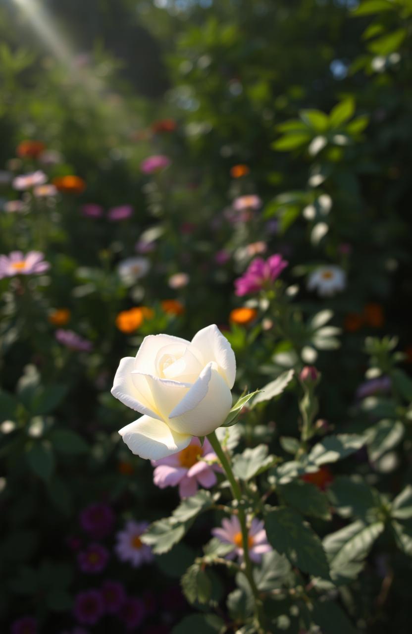 A single white rose blooming delicately in a vibrant garden filled with lush green foliage, colorful flowers, and soft sunlight filtering through the leaves