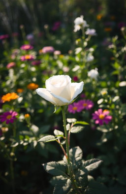 A single white rose blooming delicately in a vibrant garden filled with lush green foliage, colorful flowers, and soft sunlight filtering through the leaves