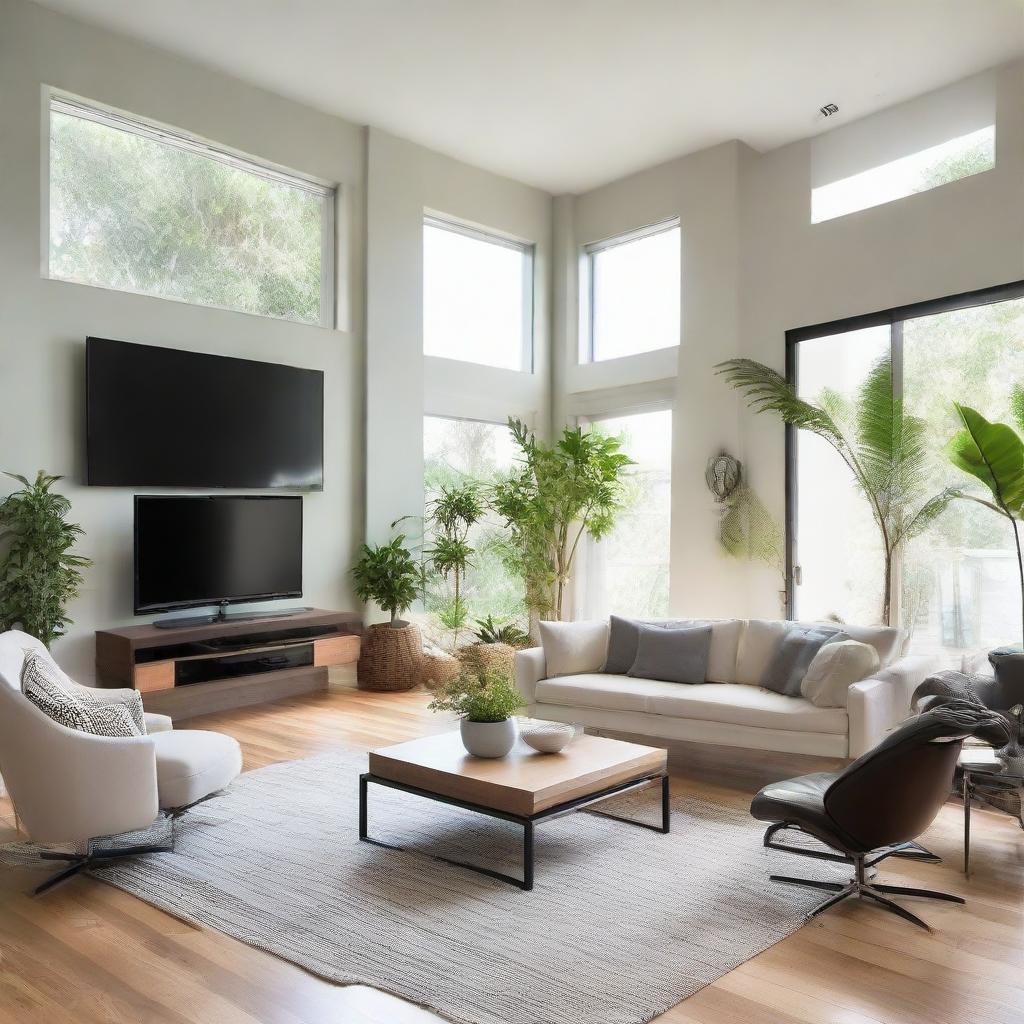 An elegantly arranged modern living room filled with natural light, showcasing comfortable furniture, houseplants, and a sleek flat-screen television on a contemporary stand.