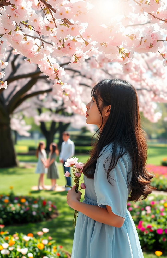 A poignant scene depicting unrequited love, featuring a young woman standing under a blooming cherry blossom tree, lost in thought