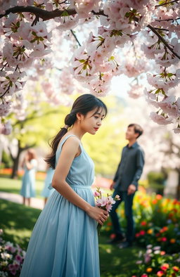 A poignant scene depicting unrequited love, featuring a young woman standing under a blooming cherry blossom tree, lost in thought