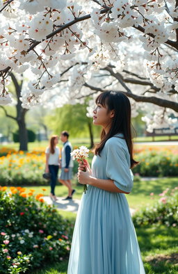 A poignant scene depicting unrequited love, featuring a young woman standing under a blooming cherry blossom tree, lost in thought