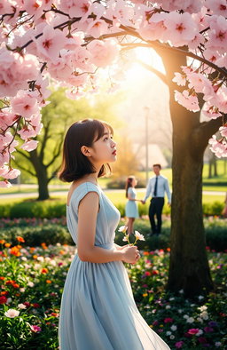 A poignant scene depicting unrequited love, featuring a young woman standing under a blooming cherry blossom tree, lost in thought