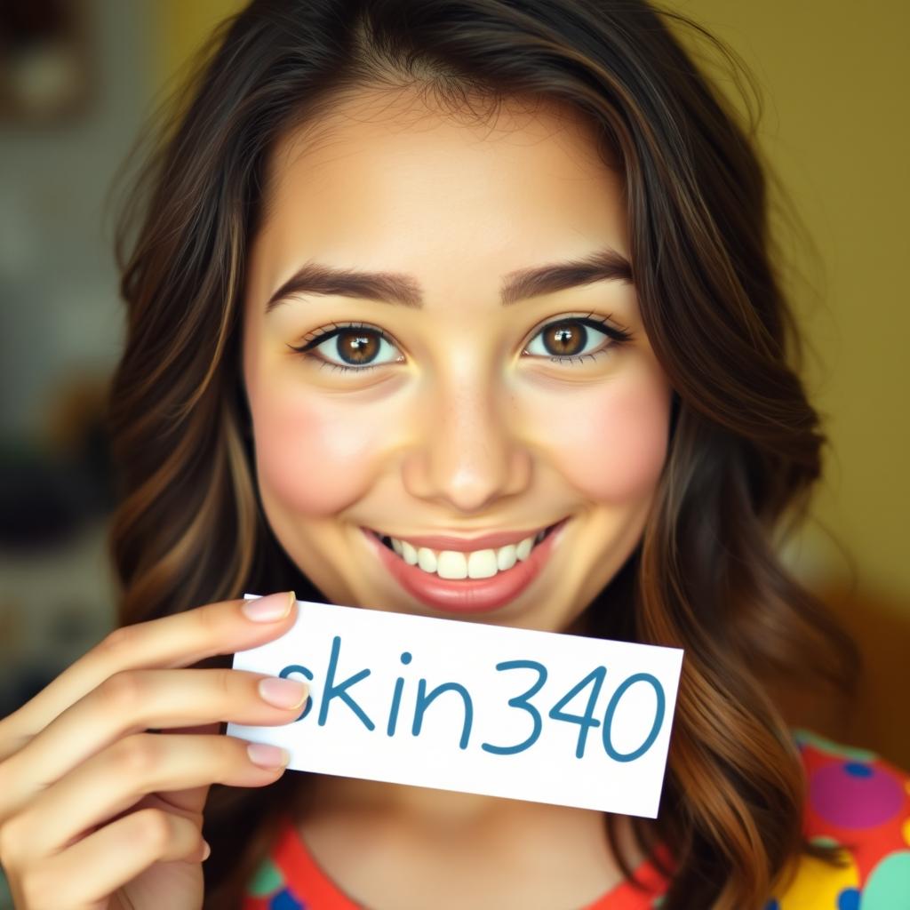 A close-up portrait of a young woman with medium-length wavy hair, showcasing her bright smile and expressive eyes