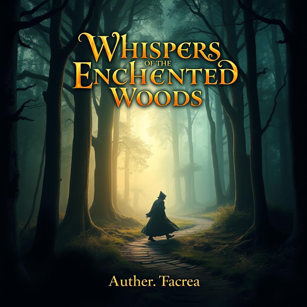 A captivating book cover design featuring a mystical forest scene, with tall, ancient trees and a glowing, ethereal light filtering through the branches