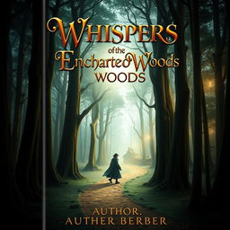 A captivating book cover design featuring a mystical forest scene, with tall, ancient trees and a glowing, ethereal light filtering through the branches