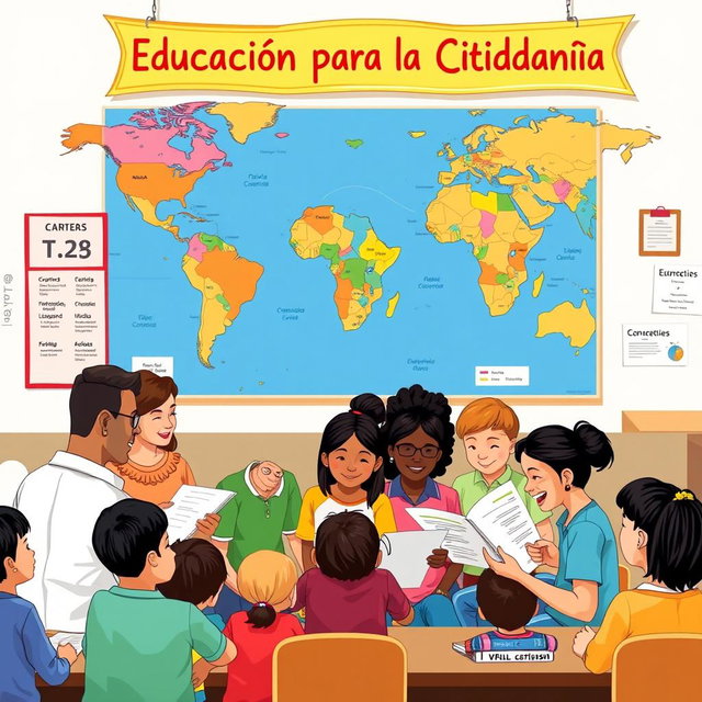 An illustration about citizenship education, featuring a diverse group of adults and children engaged in a community workshop