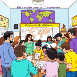 An illustration about citizenship education, featuring a diverse group of adults and children engaged in a community workshop