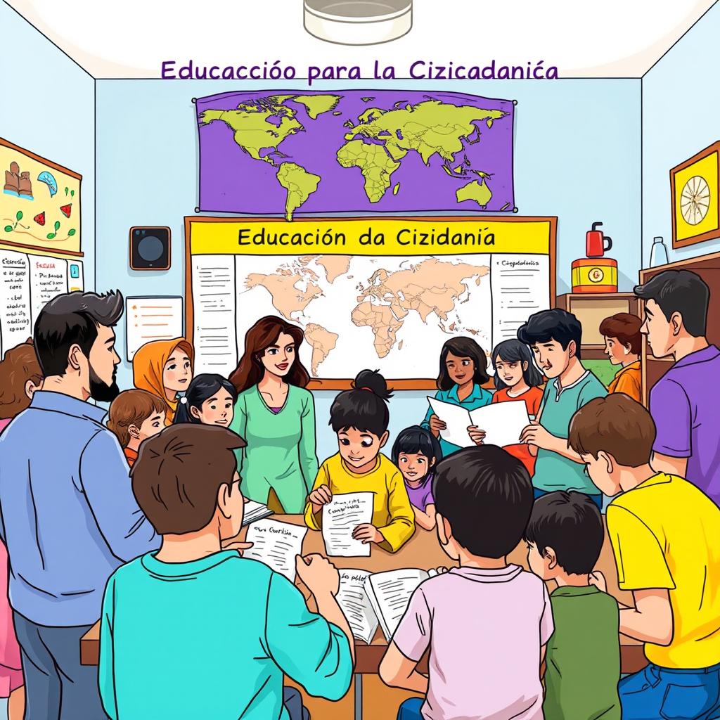 An illustration about citizenship education, featuring a diverse group of adults and children engaged in a community workshop