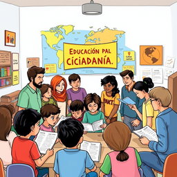 An illustration about citizenship education, featuring a diverse group of adults and children engaged in a community workshop