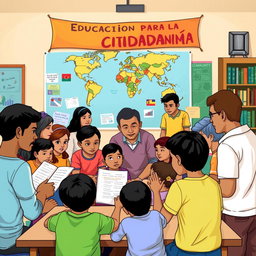 An illustration about citizenship education, featuring a diverse group of adults and children engaged in a community workshop