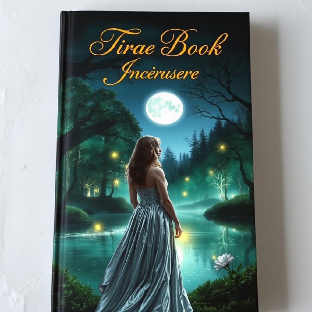 A captivating book cover design featuring an enchanted forest with glowing mystical trees and a shimmering lake reflecting the moonlight
