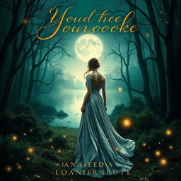 A captivating book cover design featuring an enchanted forest with glowing mystical trees and a shimmering lake reflecting the moonlight