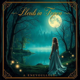 A captivating book cover design featuring an enchanted forest with glowing mystical trees and a shimmering lake reflecting the moonlight