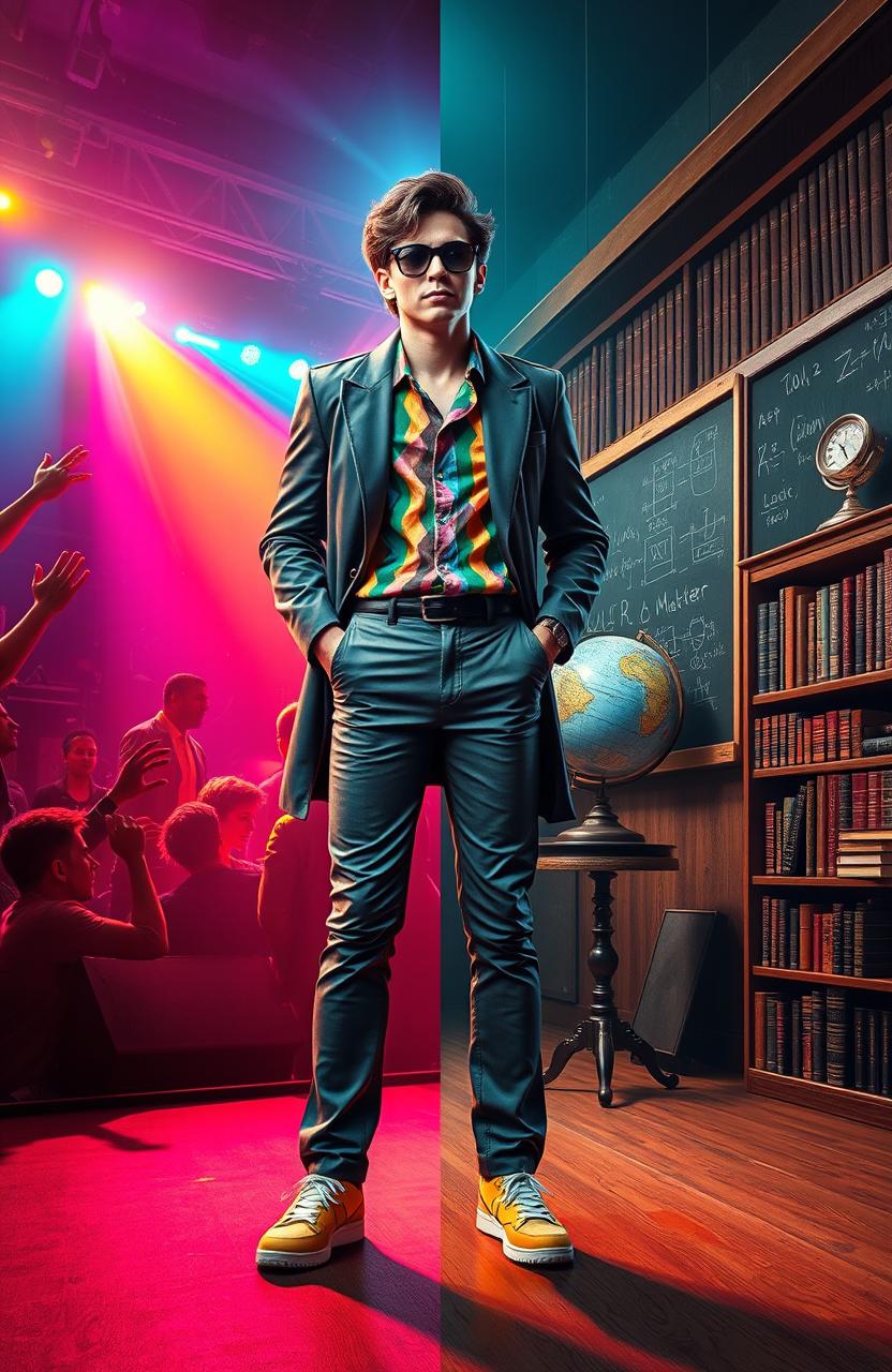 A surreal and imaginative depiction of the transformation journey of a person evolving from a pop artist to a university professor