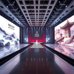 An exquisite stage for the Miss Universe pageant set in South Korea, featuring a long, glamorous runway that extends gracefully across the stage